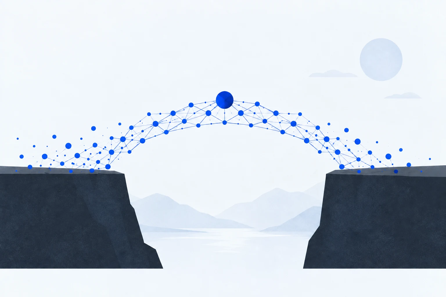 A network of blue agent nodes forms a bridge across a gap, helping an agent reach the other side.